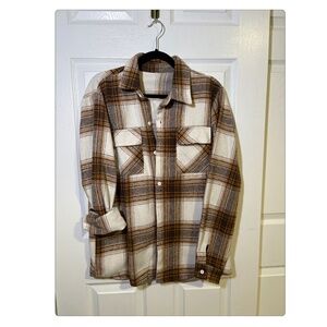 Plaid Flannel Shacket Jacket Brown Cream Oversized Button Down Shirt Cozy Fall L